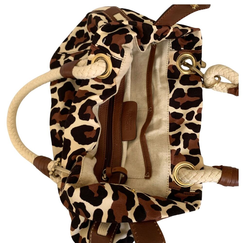 Michael Kors Leopard Print Canvas Shoulder Bag Braided Rope Handle Purse - Picture 5 of 12